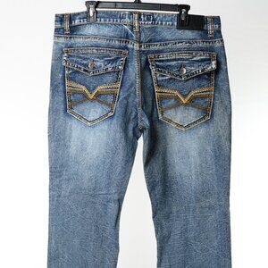True Luck Men’s Straight Fit Jeans 38x32 Medium Wash Distressed Stitch Denim